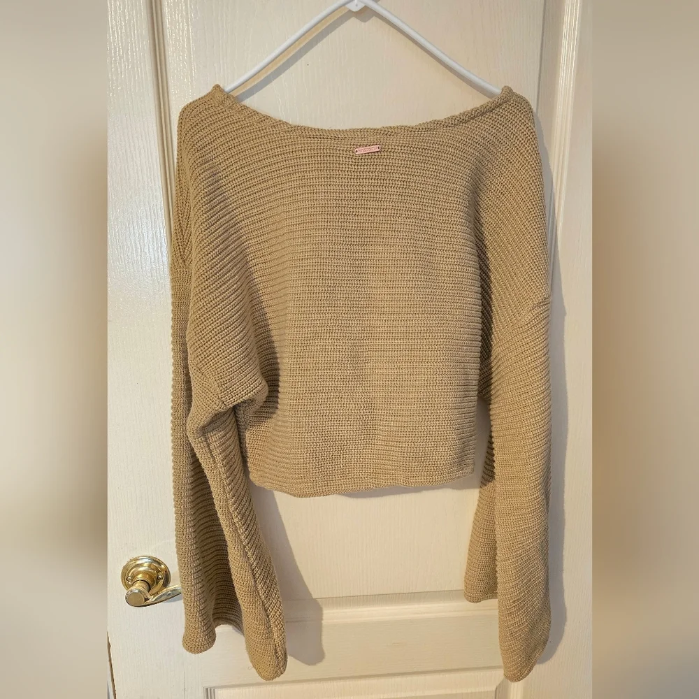 Gardenbelle 100% Organic Cotton Cozy Cropped Bell-Sleeve Sweater - Tan - Picture 2 of 9